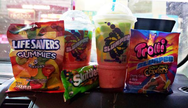 Slurpees, skittles, lifesavers & gummy worms!