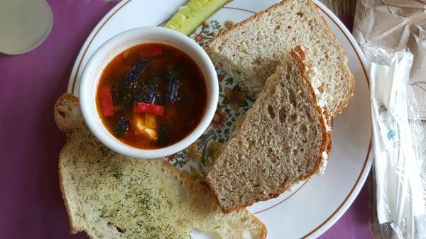 Chicken tortilla soup with a chicken salad sandwich