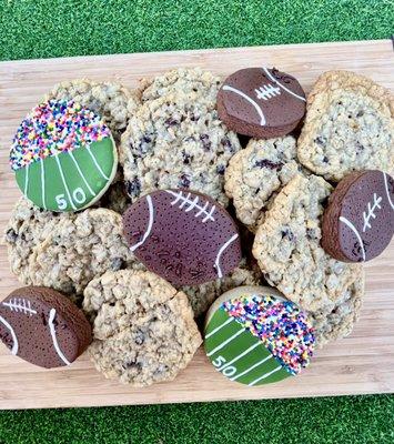 Game day cookies- oatmeal raisins and chocolate sugar cookies decorated with royal icing