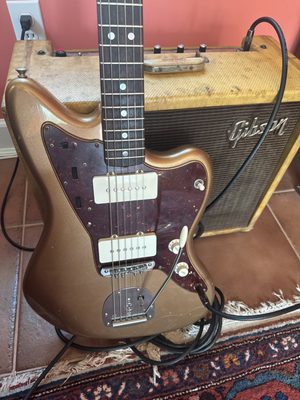 1965 Fender Jazzmaster and 1961 Gibson Falcon amp.