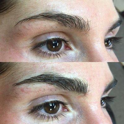 Before and after first session of microblading.