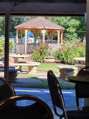 View from the fireside room over looking the rose garden.