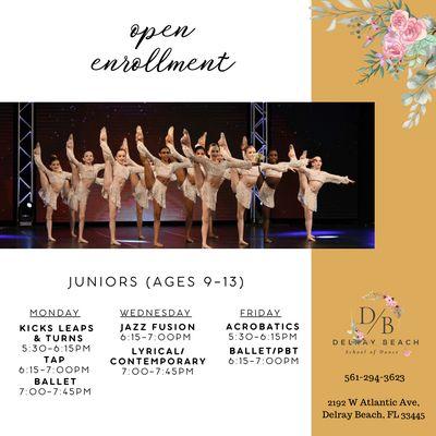 Here is our Junior schedule for the Spring Season!!  Ages 9-13 All styles Beginner + Advanced dancers welcome