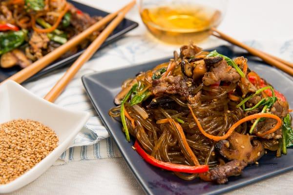 Korean Glass Noodles with Thinly Shaved Ribeye, Shiitake, and Vegetables