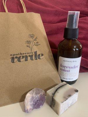 Lavender mist refreshing body spray, sample natural soap bar and amethyst stone