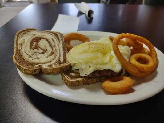 Patty Melt with onion rings