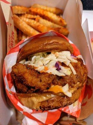 Hot Chicken Sandwich (Hot) with fries. $10. Combo.