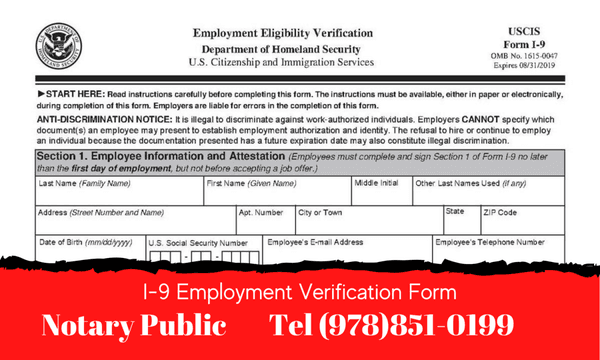 I-9 Employment Verification Form Notary Service in Boston MA