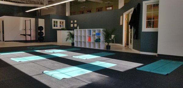 Yoga Mats with view of entry and lobby.