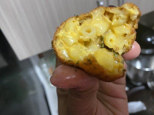 A Mac and Cheese bite!  Looks great but fell flat as notebook paper!