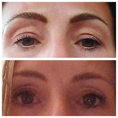 Immediately after and healed permanent makeup brows.