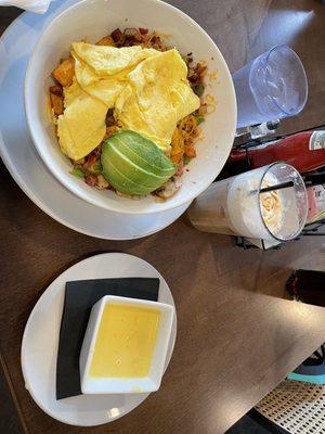 era's skillet added Avocado with a side of hollandaise & a Caramel macchiato