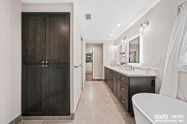 Recent Bathroom Renovation Completed. Freestanding tub, tile floors, vanities, cabinets; complete remodel!