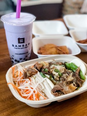 Taro Milk Tea with boba, Crispy Mushroom Bao and crab rangoon (3)