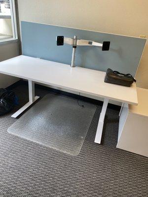 Electric Sit to Stand Desk with Desktop Privacy Panel and Dual Monitor Arm