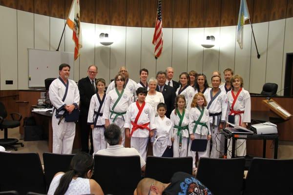 Members of Lomita Park Soo Bahk Do being recognized by Lomita City Hall for their achievements at the Region 9 Championships.