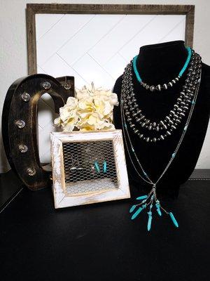 Silvertone Navajo Style Pearls with Turquoise Choker and Dangle Pendant. Two earring styles included with the set.