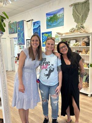 Left: Lucy Hawk, owner and artist, my daughter Jennifer and Barb Sage, owner and artist