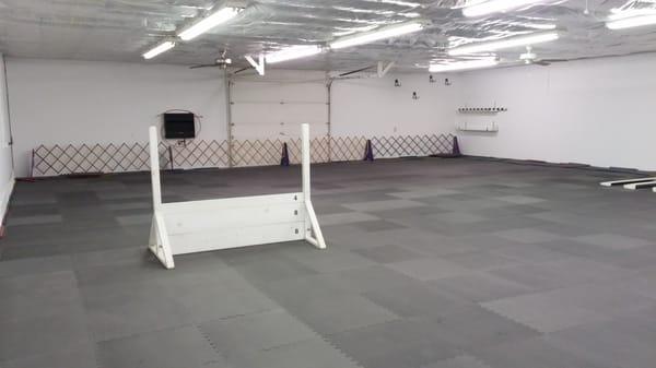 View of our back room, primary/competition ring.  Room is 40x60 with a full-size 40x50 ft ring and 10x40 ft crate/warm up space.