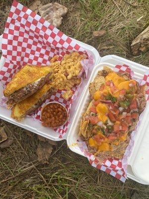 Brisket grilled cheese combo and pulled pork nachos