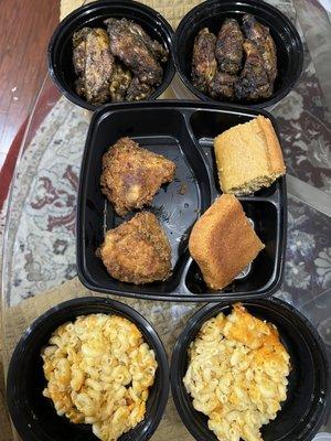 6 Piece Jerk Wings, Fried Chicken, cornbread, 3 Cheese Baked Mac 'N' Cheese