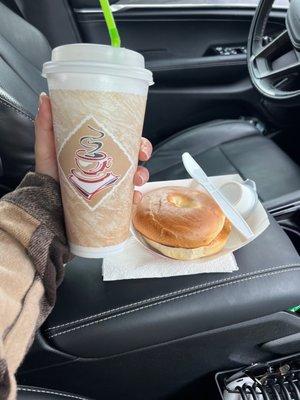 Iced Vanilla Oatmilk Latte and Bagel