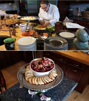 Chef-in-Home Service:
Blueberry-Wine Poached Pears with Honey-Ricotta and Toasted Pinenuts