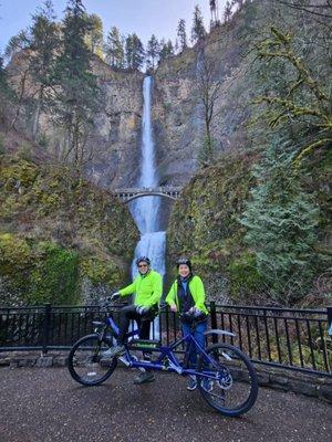 TandemEZ at Multnomah Falls.  Rent our Tandems to ride the Falls Loop of the Columbia Gorge on old HWY 30.