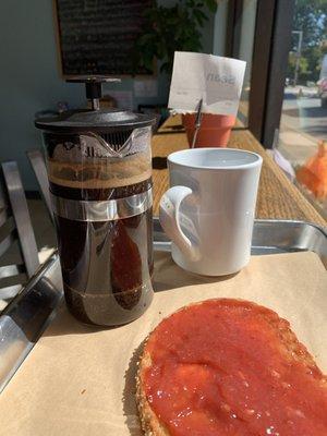 Individual cup French press! Sweet strawberry rhubarb spread on whole wheat sourdough! Yummm