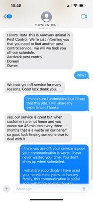 Text messages from owner of Aardvark Peat Control