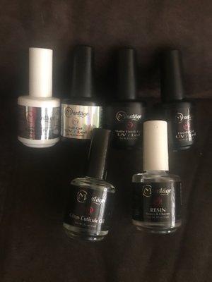 Bonding  primer, Foil gel, finish Gel, Matte finish gel, Resin and Citrus cuticule oil. Many more to chose from