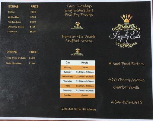 The other side of the menu. Come eat with the queen! Shout out to the chef who was on his grind making great food!