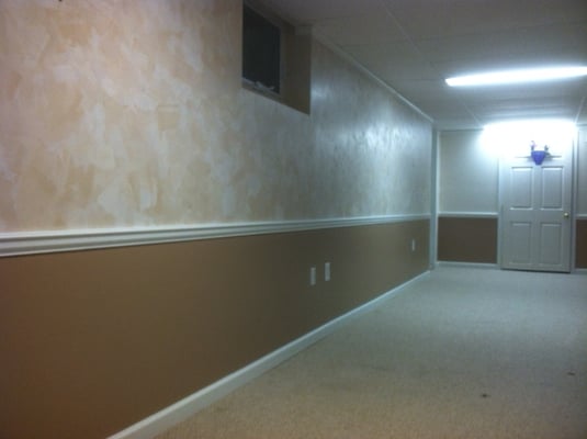 Mold remediation: After.  Chair rail and baseboard installed.  Complimentary color chosen to accent existing finish.