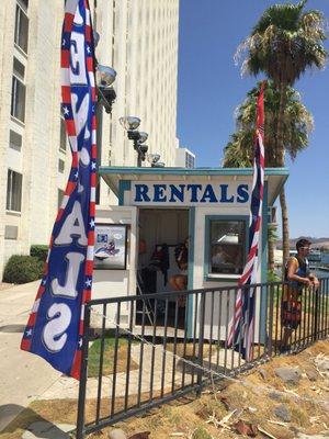 Rental booth right on the Riverwalk behind the Edgewater Hotel and Casino.