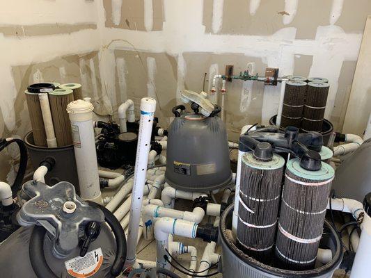 Why the spa never works and the pool is not clean. This is the pump room.