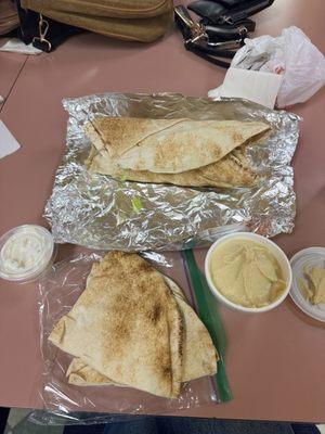 chicken schwarma, pita bread, hummus