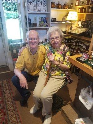 My mom, age 96, with owner Michael in the shop.