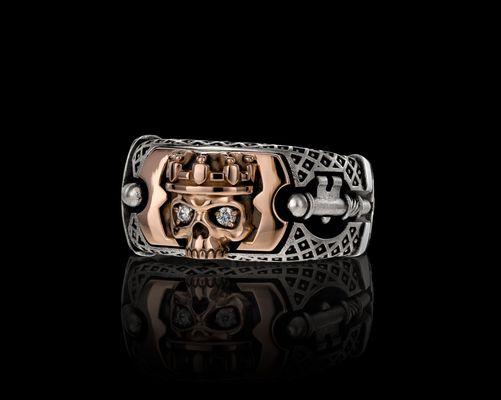 Sterling Silver and Solid 14K Gold King's RIng. Skull Ring