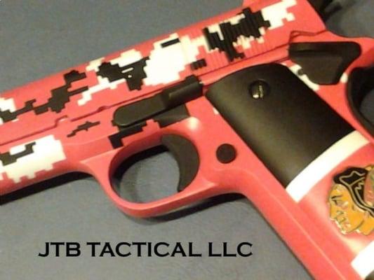 1911 Custom Chicago Blackhawks colors digital camo with custom logo inlay in grips