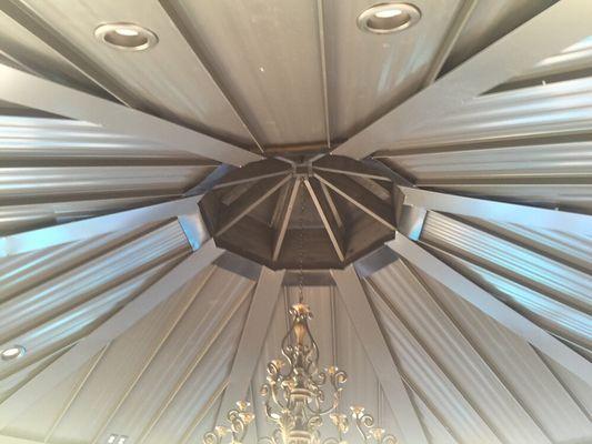 Inside ceiling of gazebo done in standing Sean metal roof panels