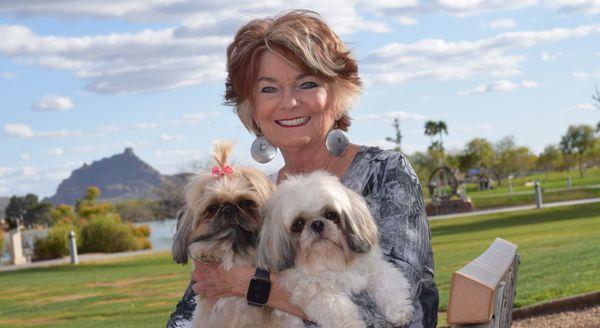 Bacci and Bella at the beautiful fountain in Fountain Hills