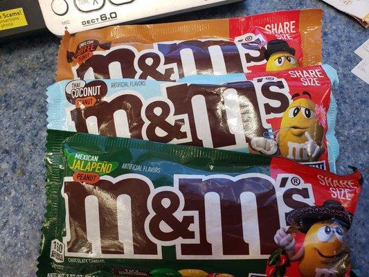 New m&m's are here. English Toffee Peanut, Thai Coconut Peanut and Mexican Jalapeno Peanut. Get them before we run out.