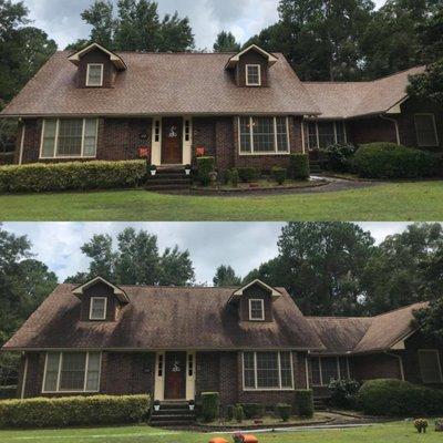 Check out our client's beautiful house after a roof wash! Your house can be transformed, too! Call us at 912-227-6911 for a free estimate.