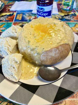 Broccoli cheddar in a bread bowl