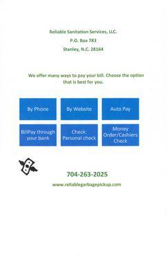 We offer many ways to Pay. Choose what is best for you.