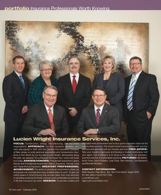 Lucien Wright Insurance agency was featured in the 2015 February issue of Fort Worth Texas Magazine under Insurance Professio...