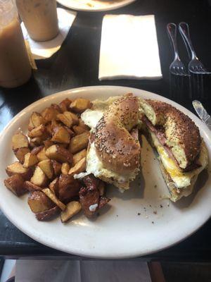 Bagel sandwich and house fries