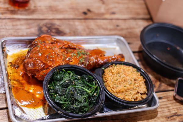 Ciroc Mango Habanero glazed turkey leg w/ red beans & rice and spinach