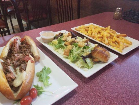 Luca's always has great food & service!  Meat lovers cheesesteak,  ceasar salad,  cheddar fries.