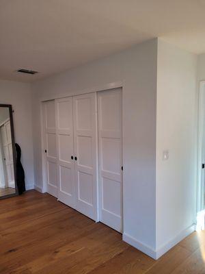 Bedroom closet and closet doors.